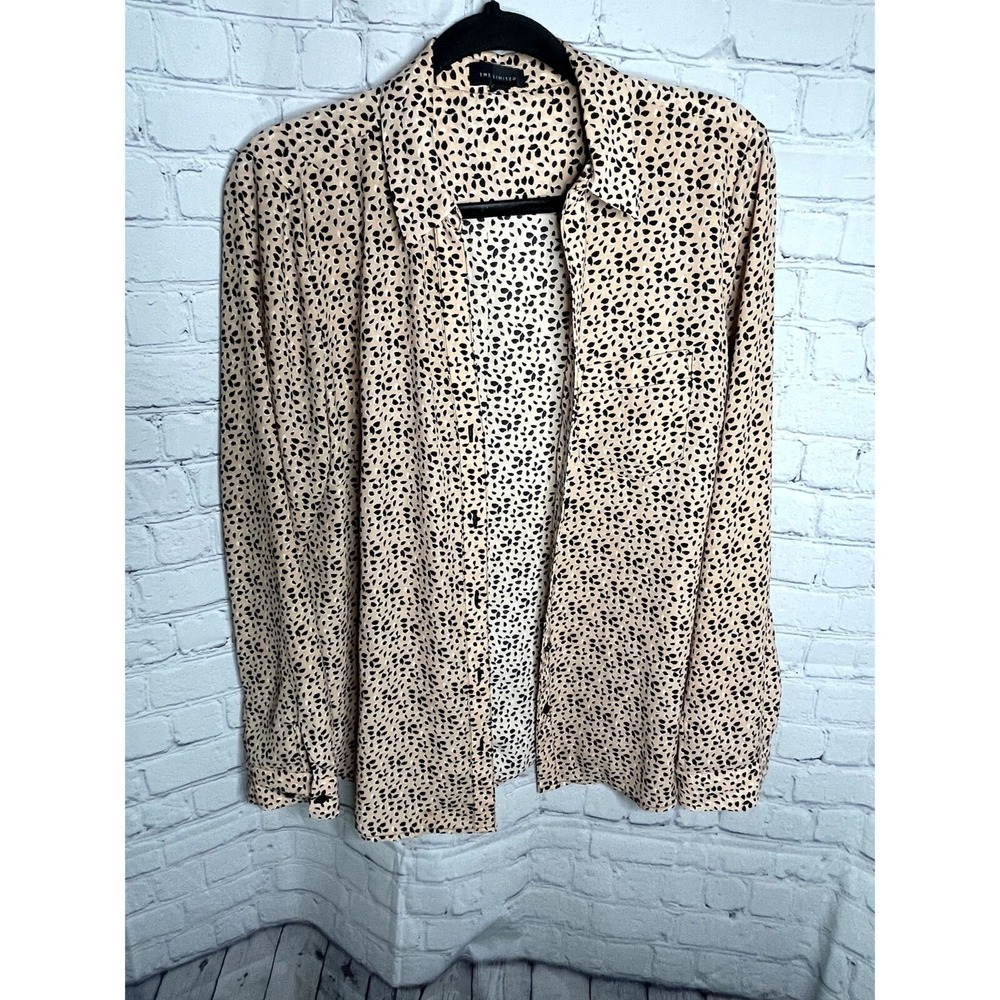 The Limited Women Large Cheetah Print Button Down Blouse Tan Black Roll Tab Top